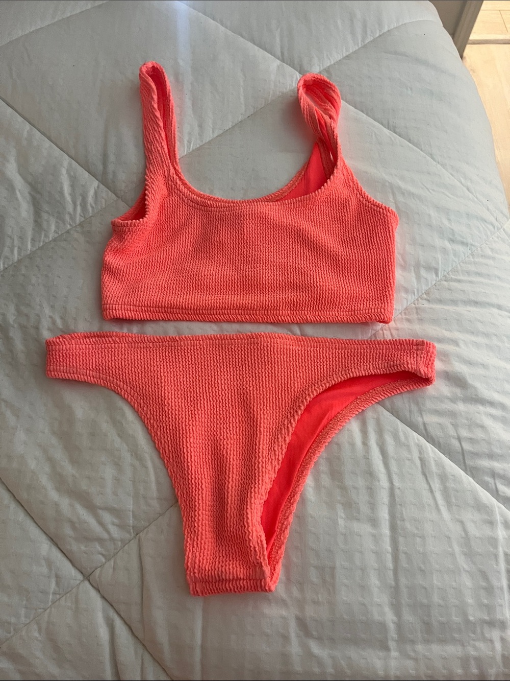 Textured Neon Coral Bikini Set